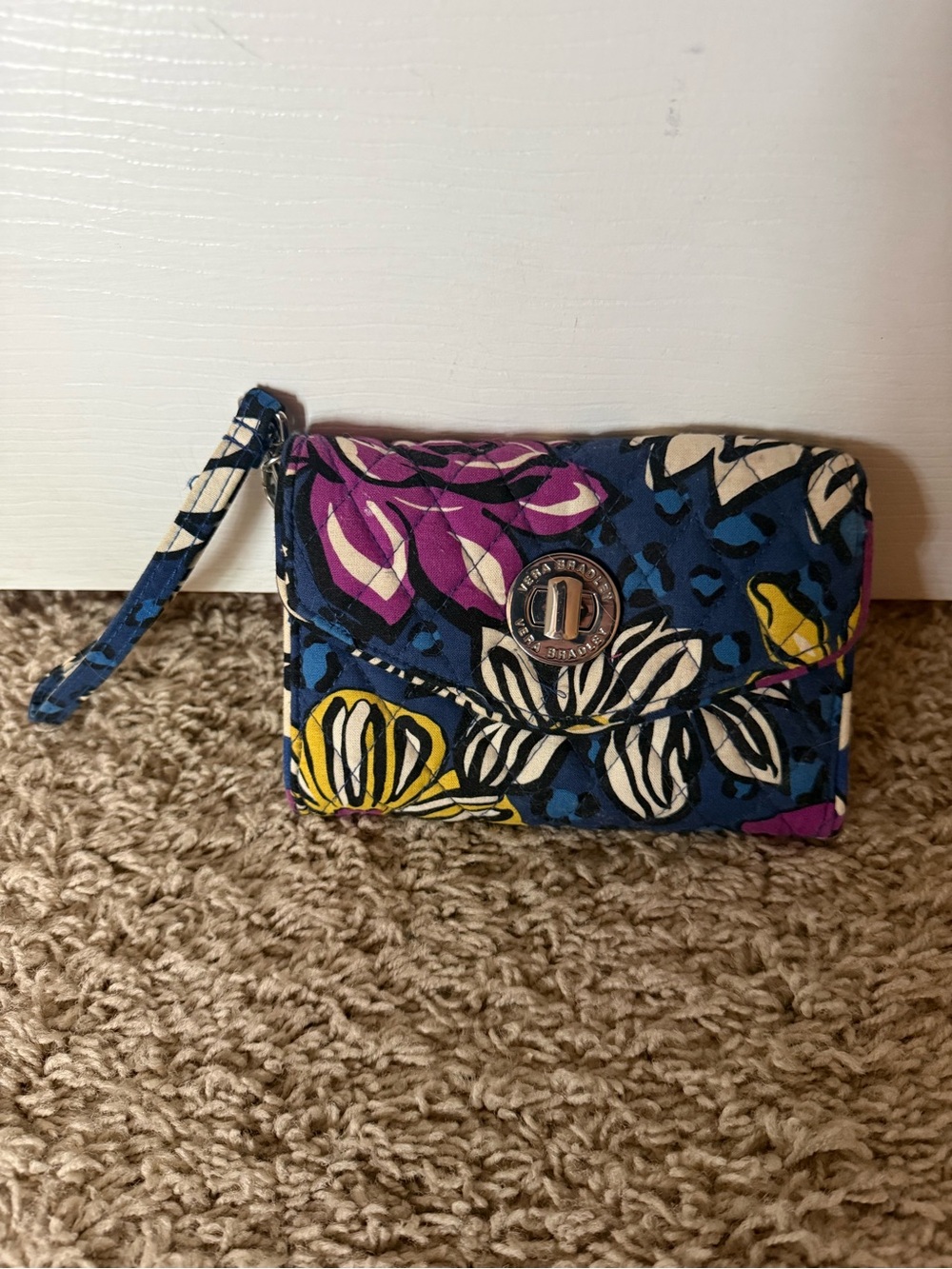 Vera Bradley Blue Floral Quilted Wristlet with Purple & Yellow Accents